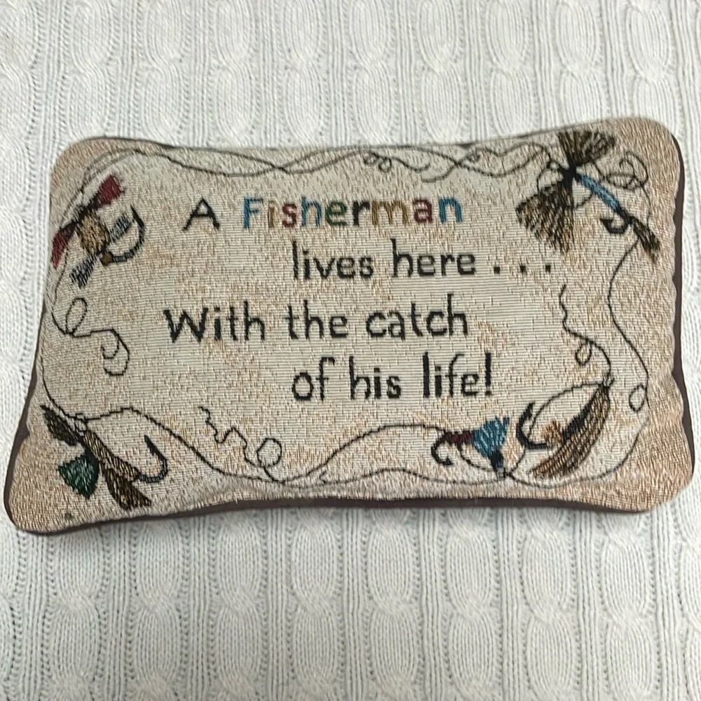 Decorative pillow. Fisherman flies fishing line tapestry black back fabric